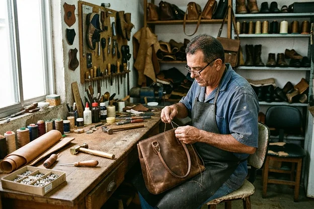 Sapateiro reformando uma bolsa em Cabo Frio.