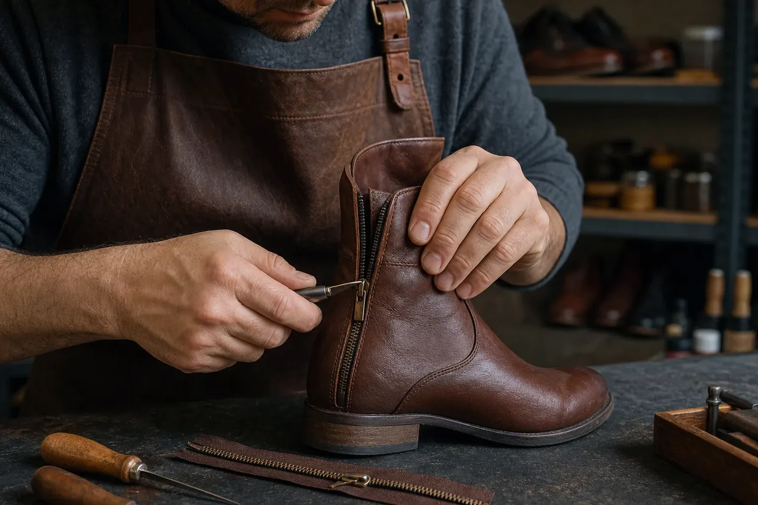 Sapateiro reparando um zíper de bota em Cabo Frio.